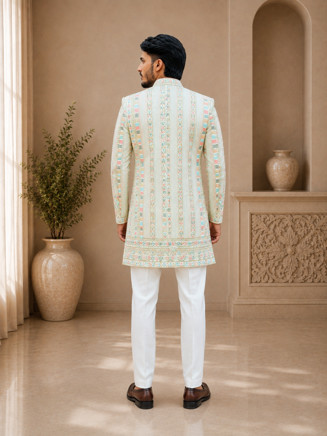 Ivory Pastel Embroidered Indo-Western Jacket Set - Image 2