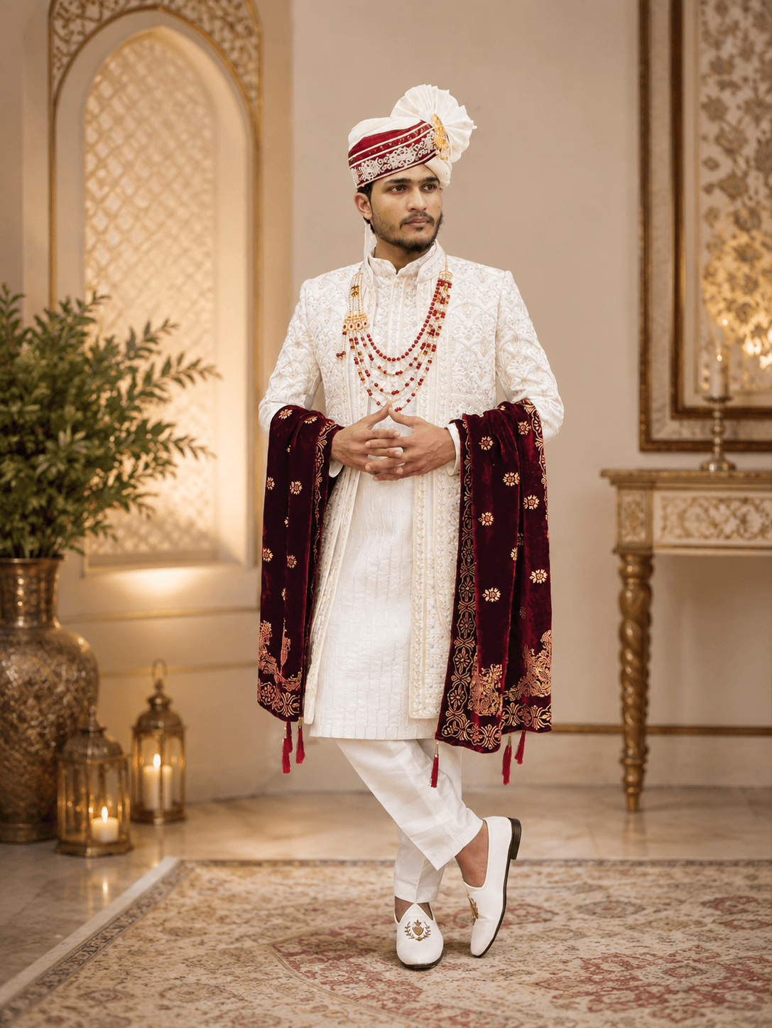 Ivory Embroidered Sherwani with Maroon Velvet Dupatta