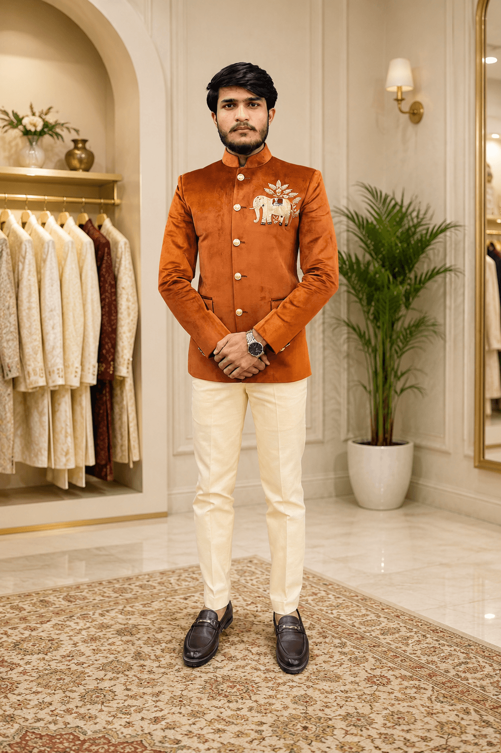Rust Orange Embroidered Elephant Bandhgala Jacket