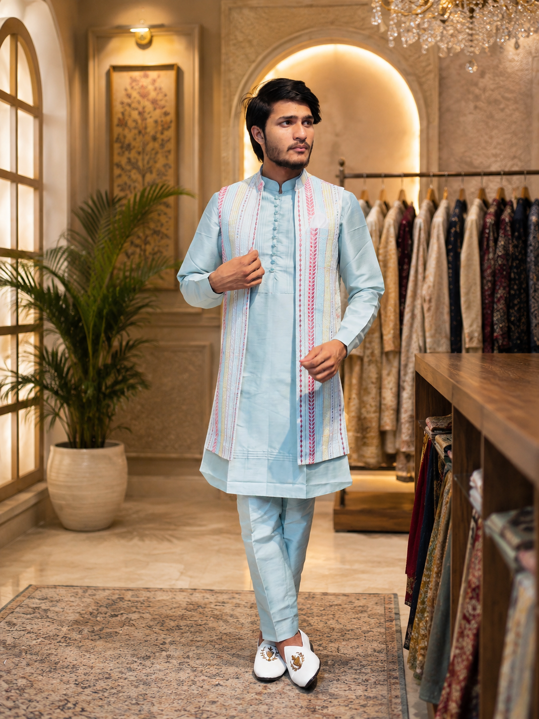 Pastel Blue Embroidered Kurta Jacket Set