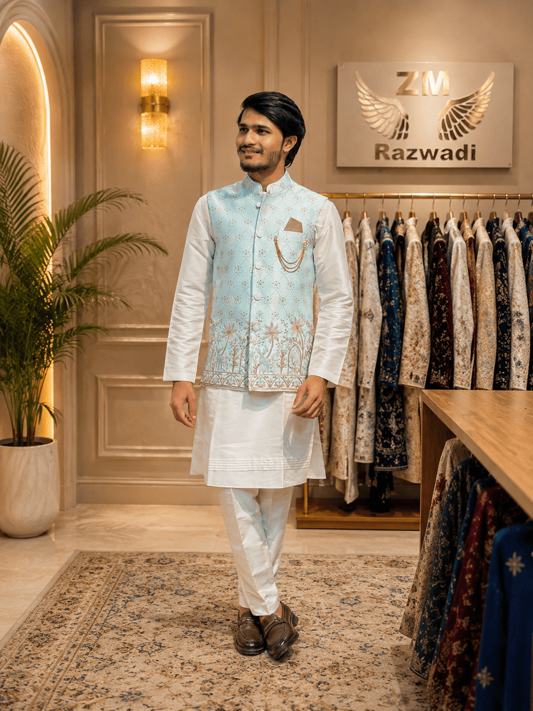 Pastel Blue Embroidered Nehru Jacket Kurta Set