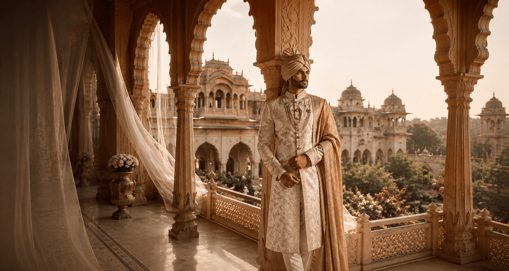 Groom in a designer sherwani, wedding editorial portrait