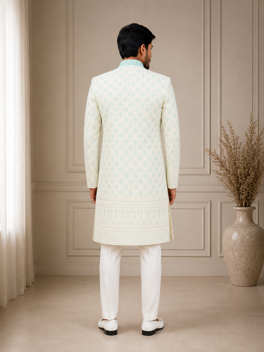 Ivory White Mint Embroidered Sherwani - Image 2