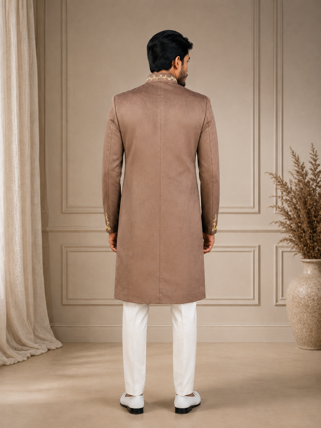 Taupe Brown Gold Embroidered Sherwani - Image 2