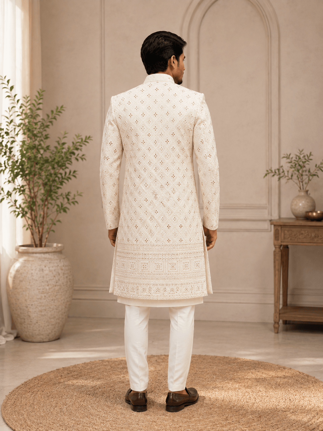 Ivory White Geometric Embroidered Sherwani - Image 2