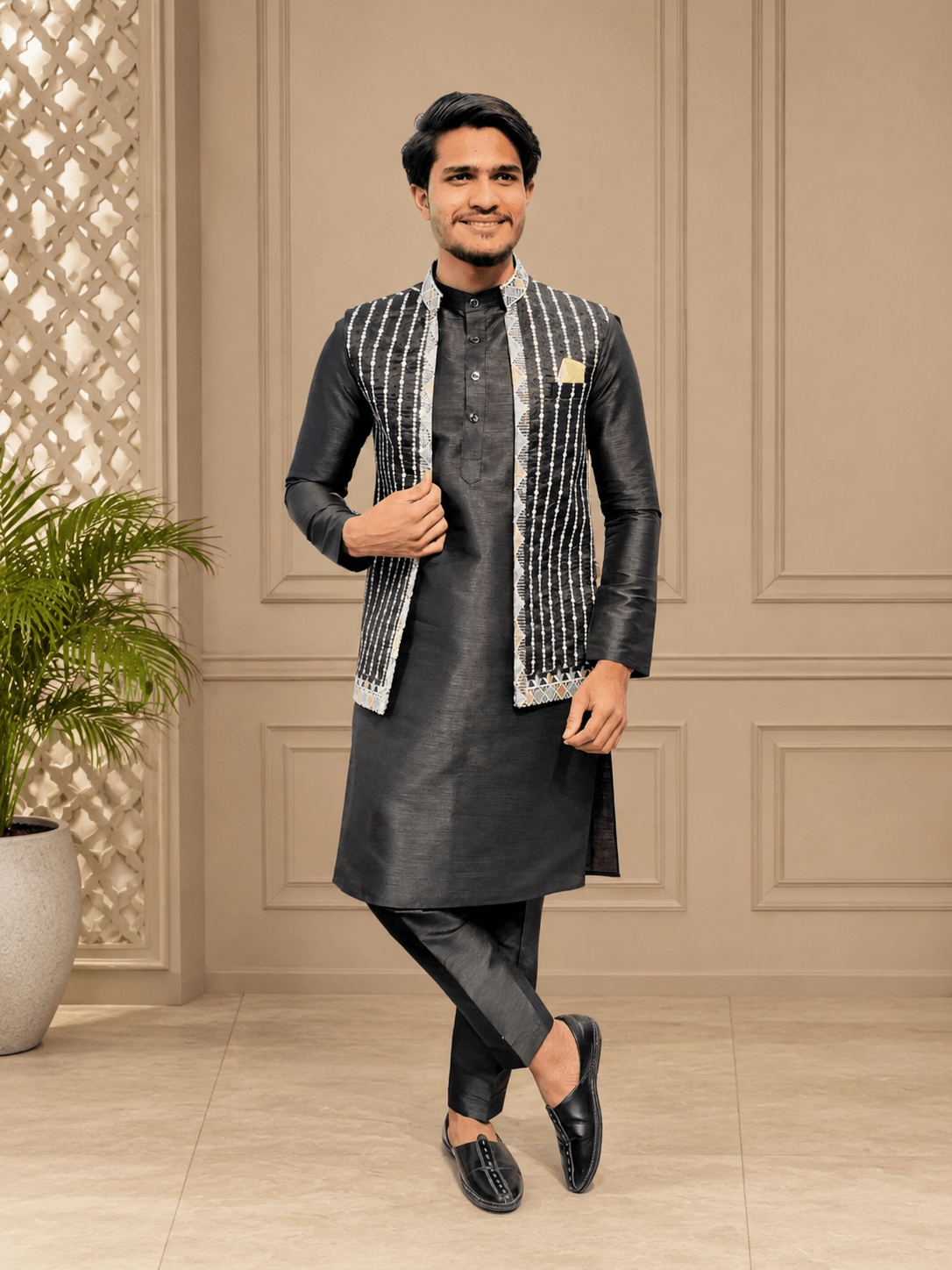 Black Embroidered Kurta with Designer Nehru Jacket