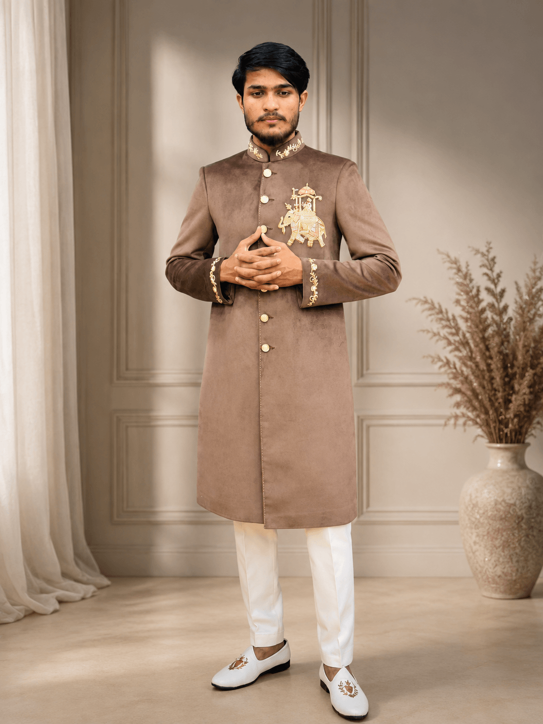Taupe Brown Gold Embroidered Sherwani