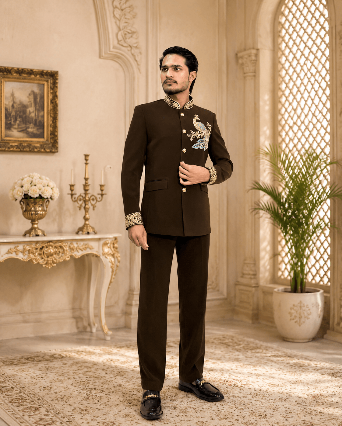 Chocolate Brown Gold Embroidered Bandhgala Suit