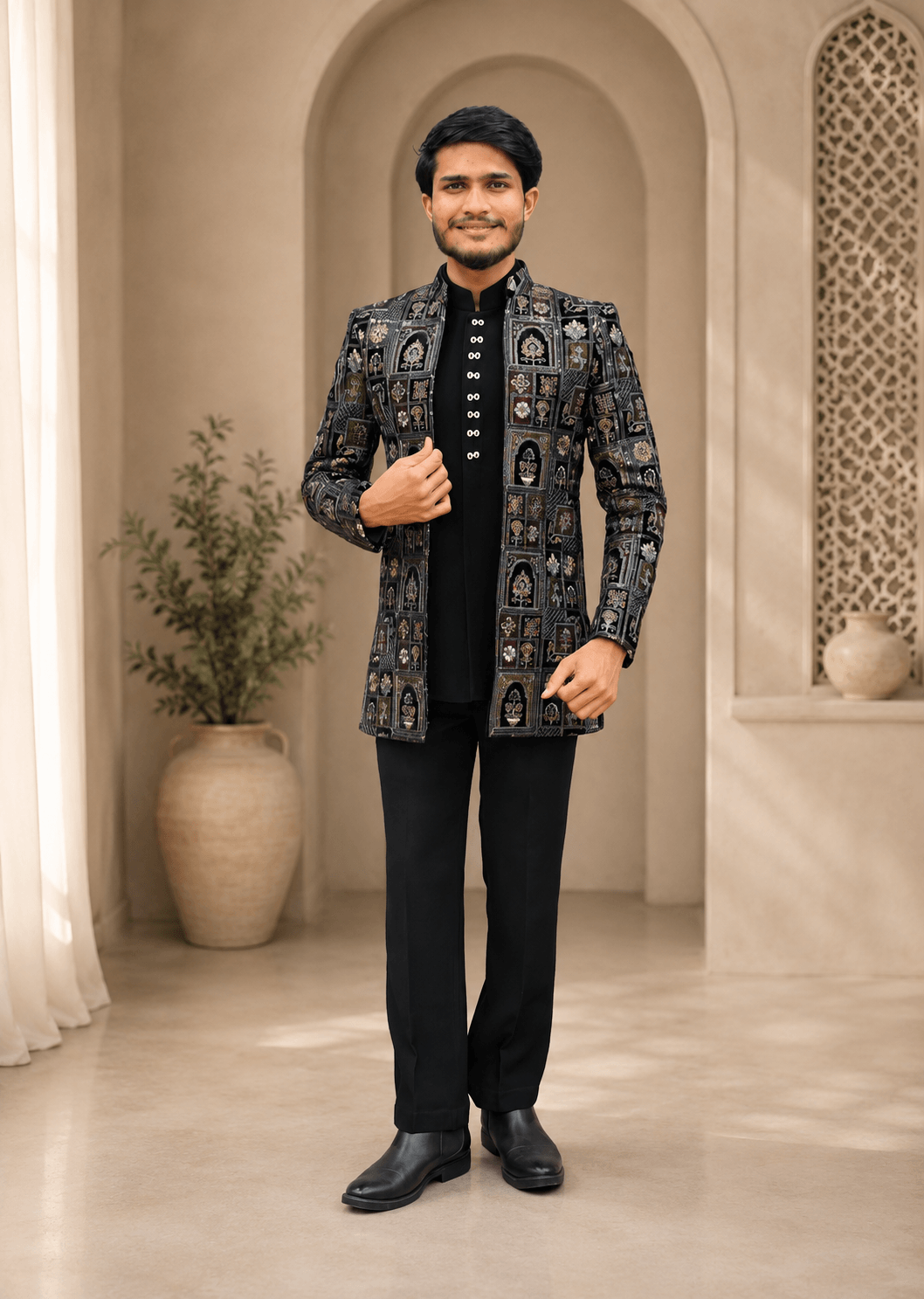 Black Multicolor Embroidered Designer Jacket Set