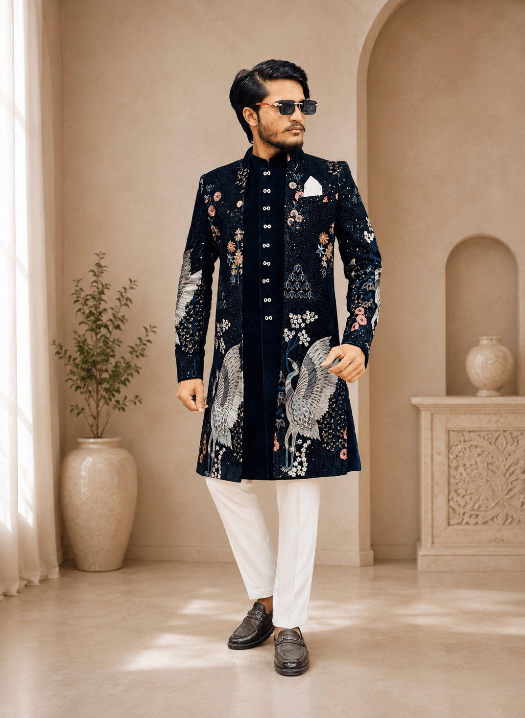 Navy Blue Embroidered Peacock Sherwani