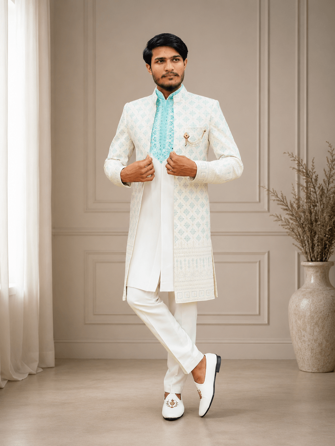 Ivory White Mint Embroidered Sherwani