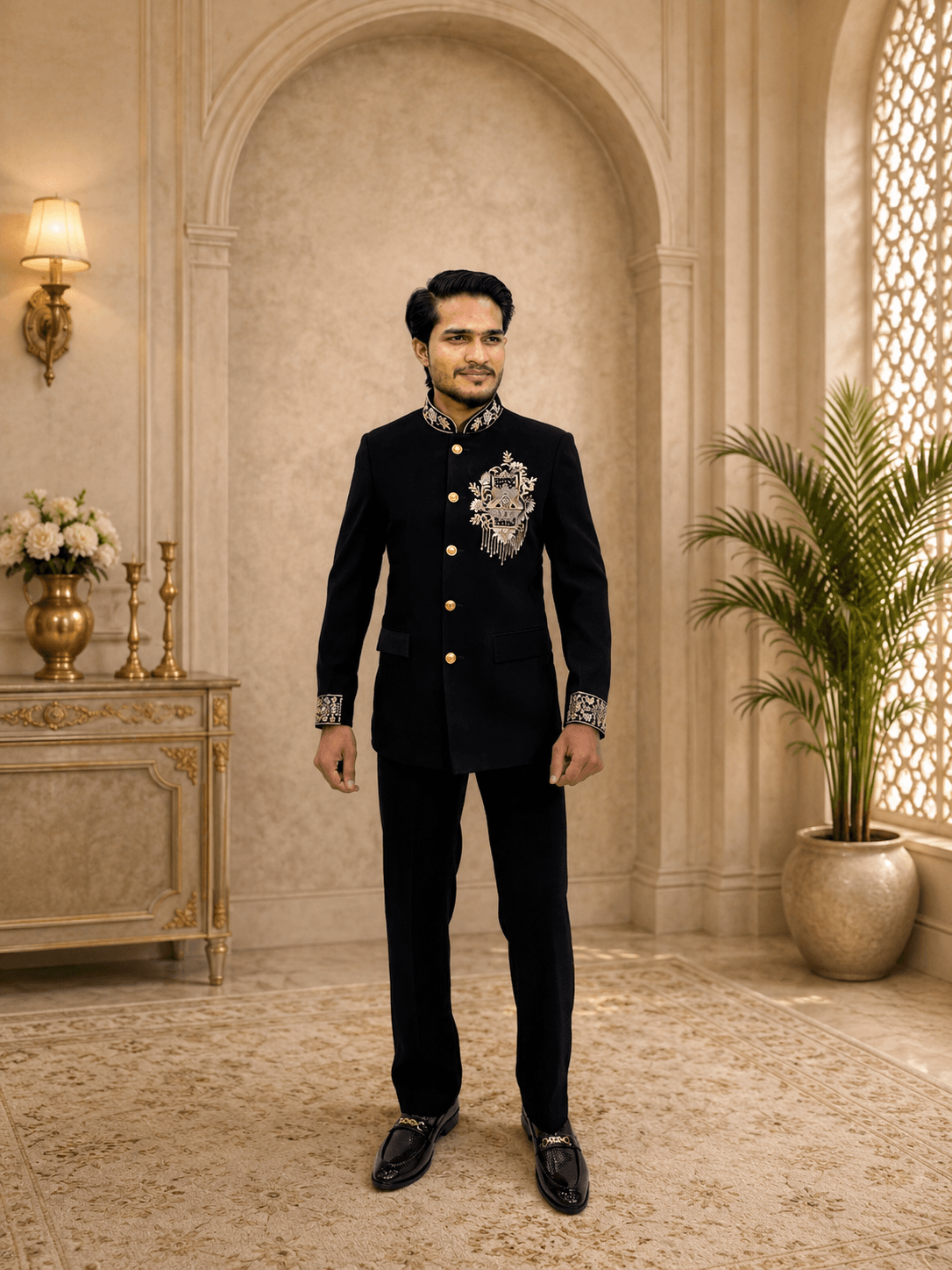 Black Gold Embroidered Bandhgala Suit