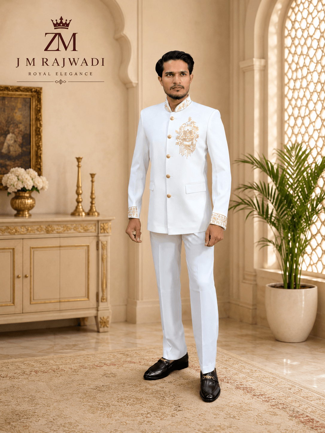 Ivory White Gold Embroidered Bandhgala Suit