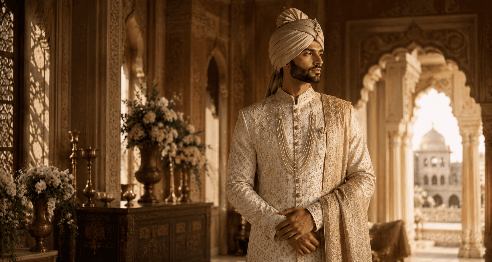 Groom wearing an elegant designer sherwani, editorial portrait