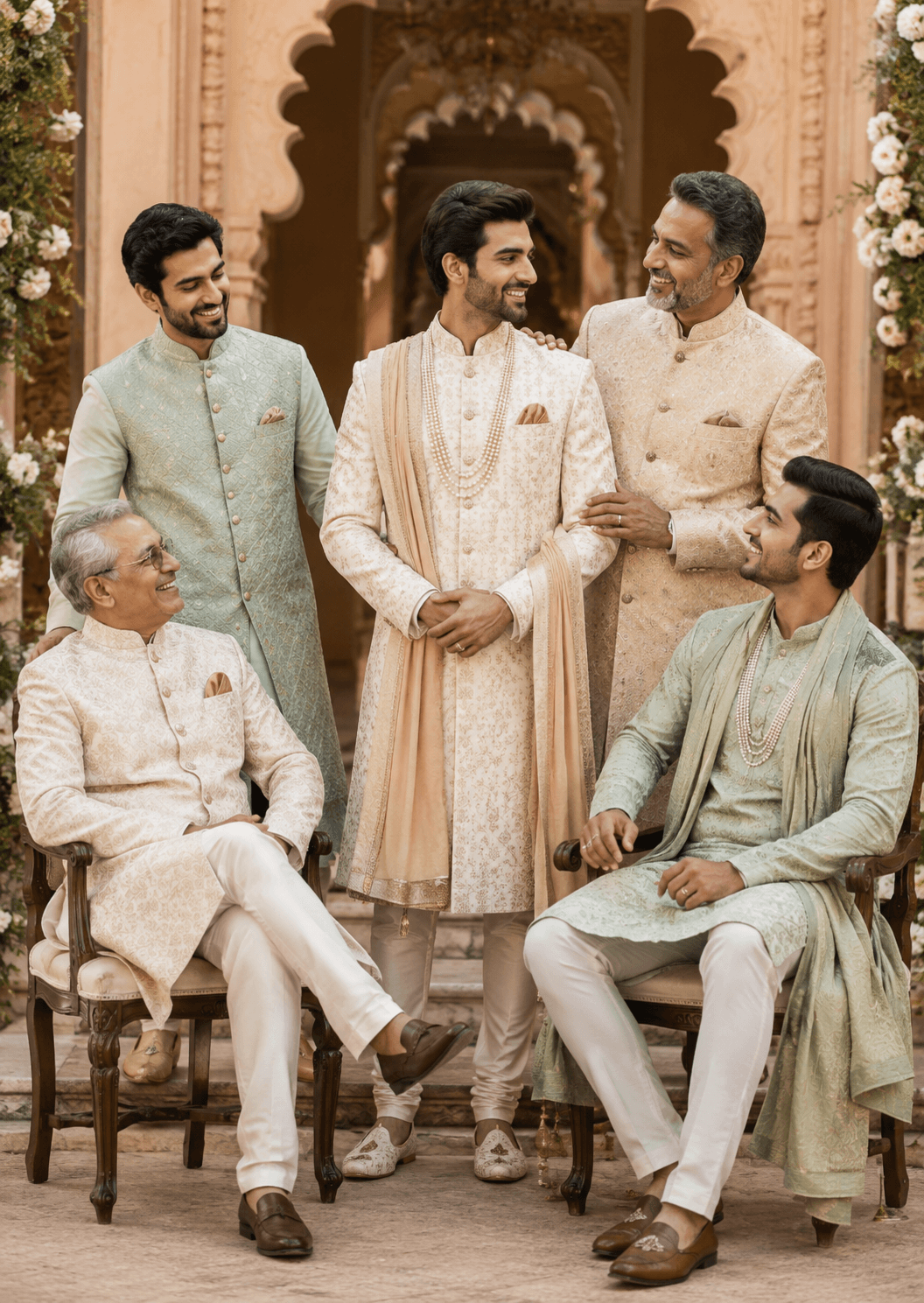 The groom's family in coordinated sherwanis