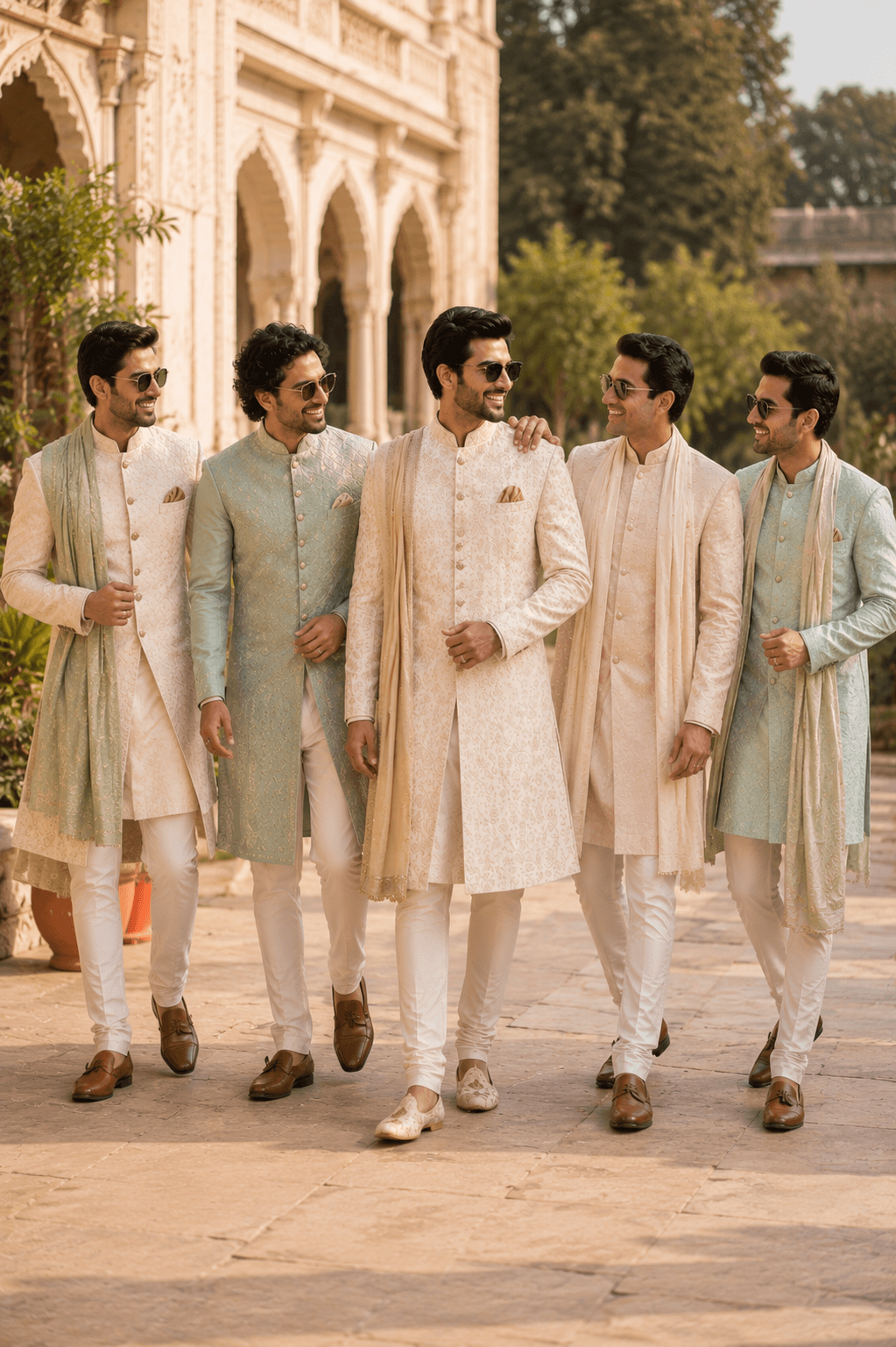 Groomsmen in coordinated sherwanis