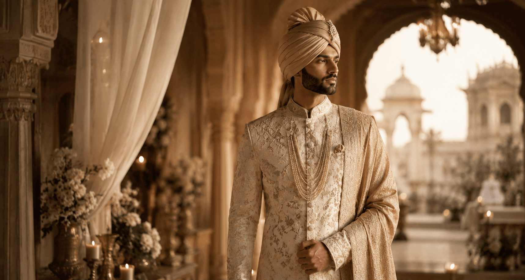 Groom in a heritage-inspired sherwani with contemporary silhouette