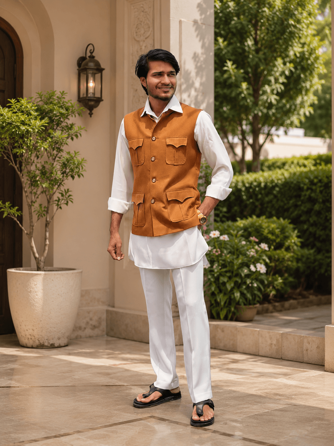 Rust Brown Nehru Jacket with White Kurta Set