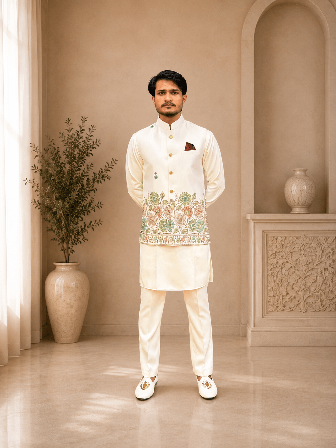Ivory Embroidered Nehru Jacket Set