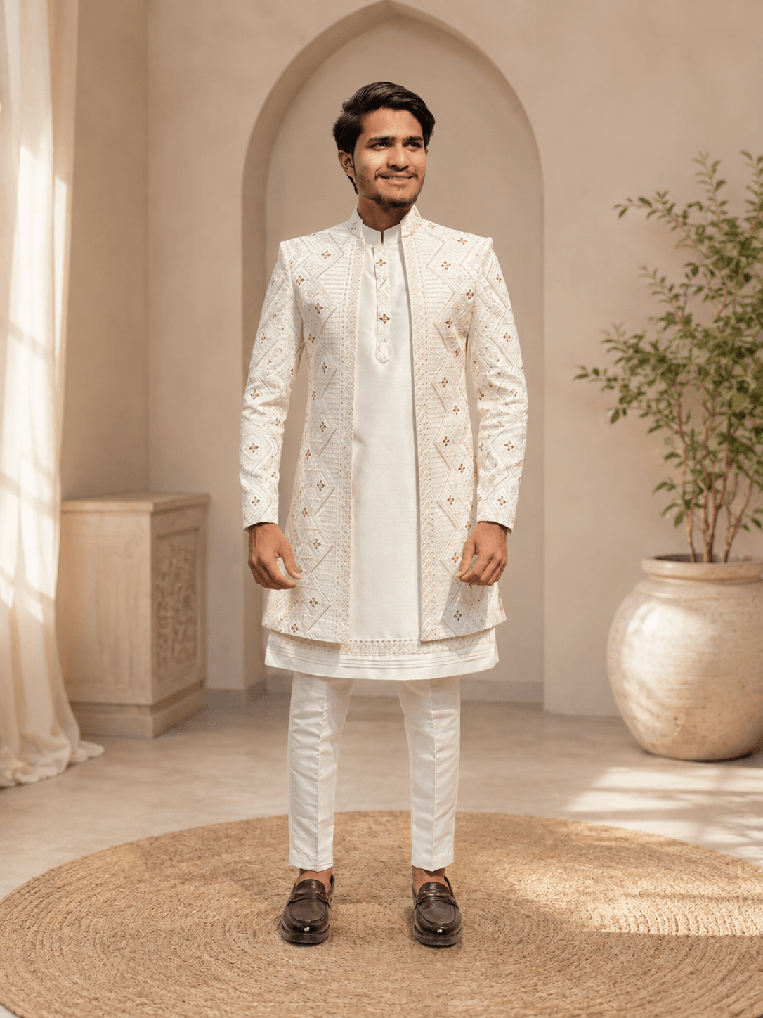 Ivory White Geometric Embroidered Sherwani