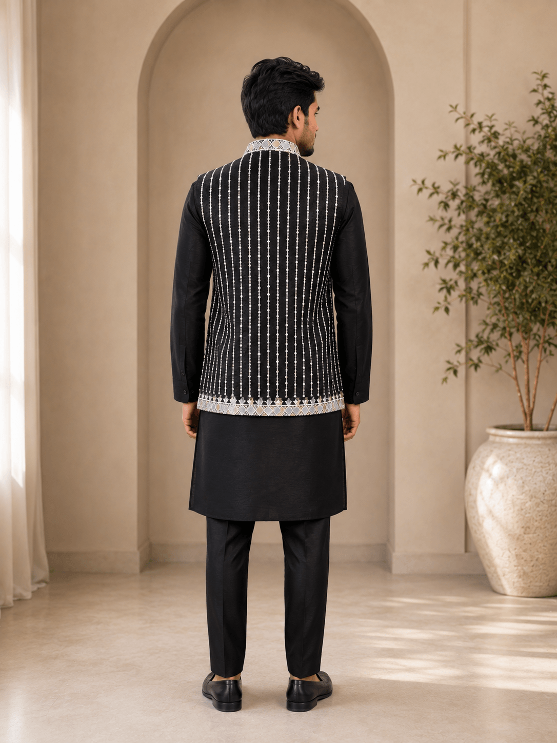 Black Embroidered Kurta with Designer Nehru Jacket - Image 2