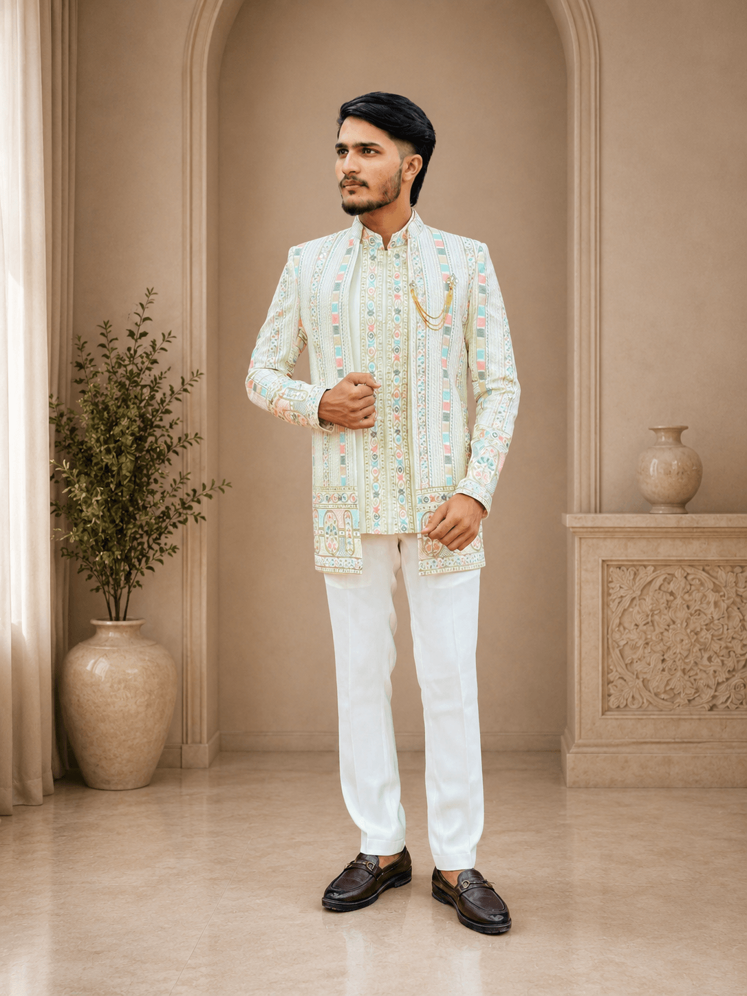 Ivory Pastel Embroidered Indo-Western Jacket Set